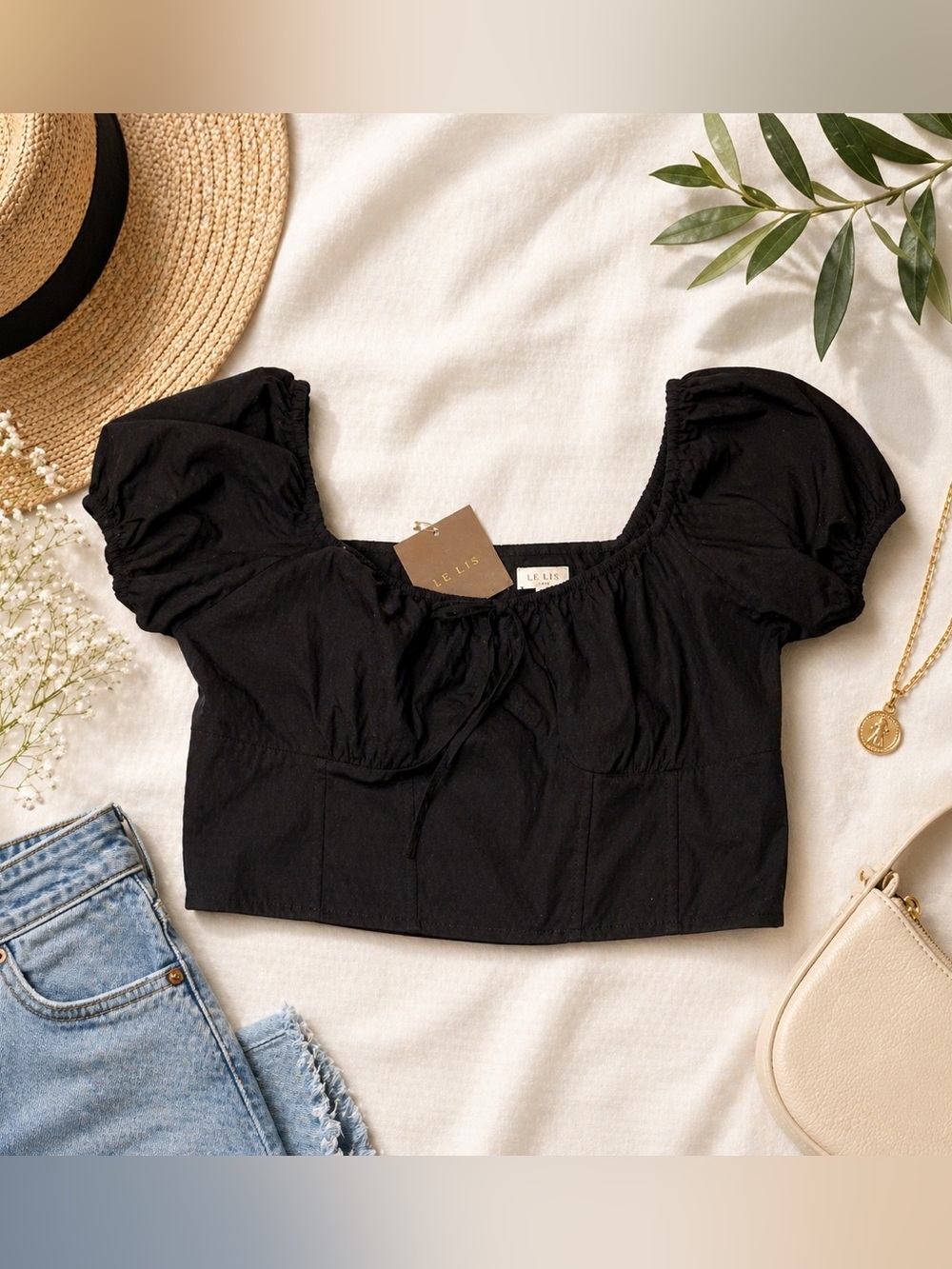 NWT Le Lis Black Cotton Puff Sleeve Crop Top Sz L Cottagecore Peasant Blouse